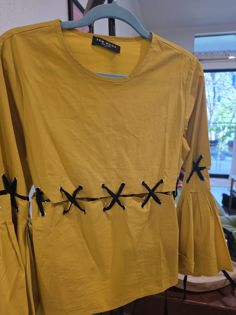 FEW MODA Mustard Lace-Up Bell Sleeve Blouse